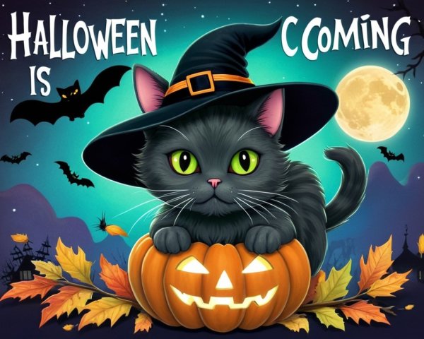 Black Cat in Witch Hat on Pumpkin in Halloween Scene