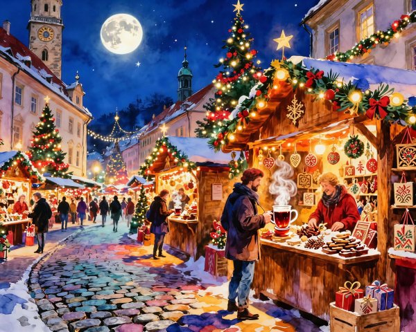 Whimsical Watercolor of Christmas Market at Night