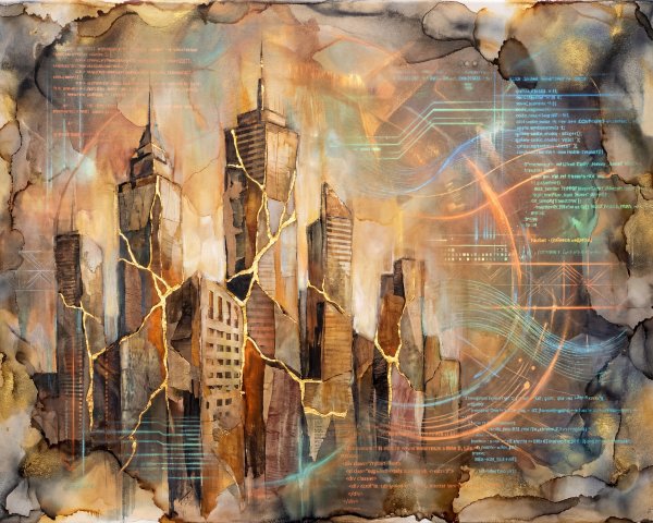 Abstract Watercolor Cityscape with Golden Accents