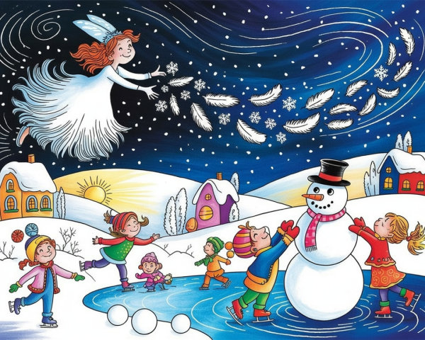Children Skating and Snowman Building in Winter Scene