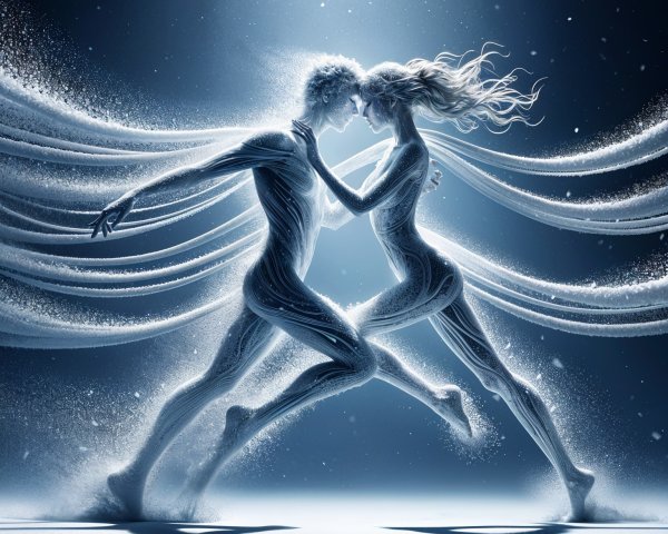 Dynamic Figures Intertwined with Ethereal Light Ribbons