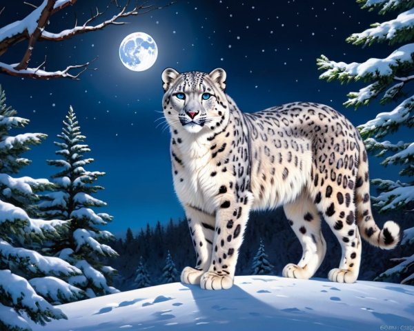 Snow Leopard on Snowy Hill Under Moonlight