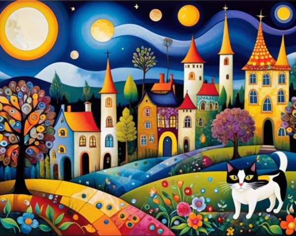 Whimsical Village Landscape with Cat and Night Sky
