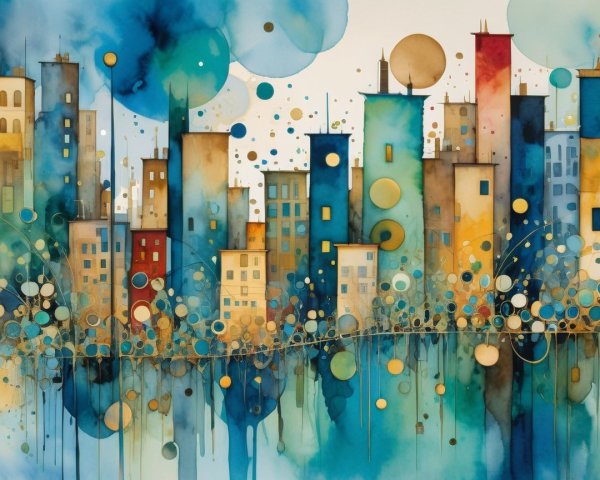 Vibrant Cityscape Watercolor with Colorful Buildings