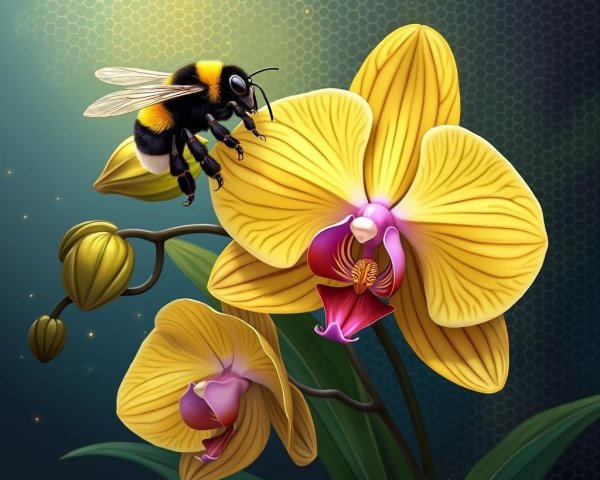 Bumblebee on Vibrant Yellow Orchid Illustration