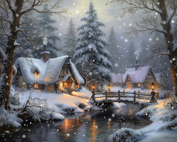 Snowy Village Scene at Night with Cozy Atmosphere