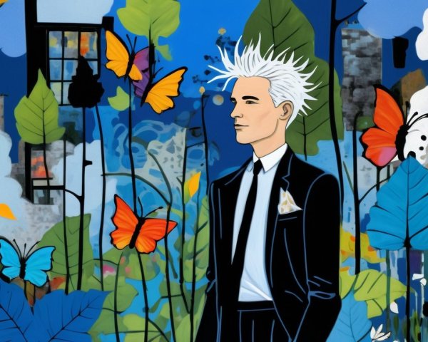 Stylish figure in black suit with butterflies and leaves