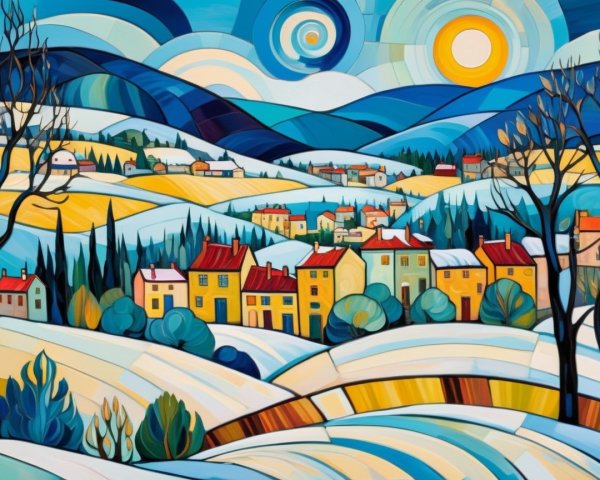 Stylized winter landscape with vibrant village scene