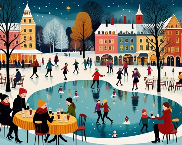 Vibrant winter town square scene with snow and lights