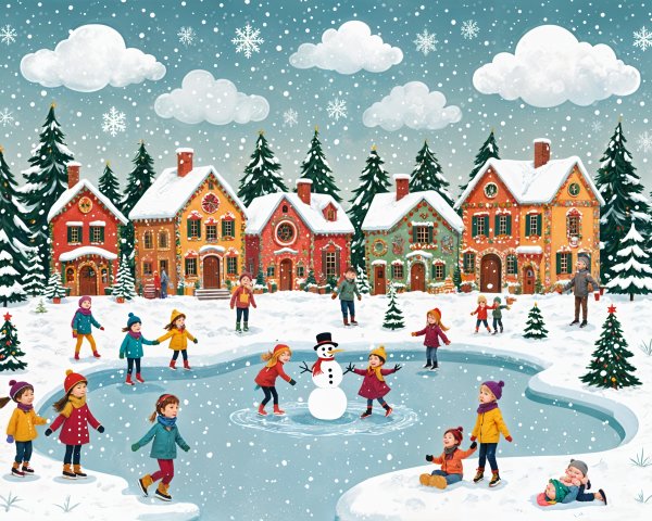 Colorful Winter Scene with Skating and Snow Activities