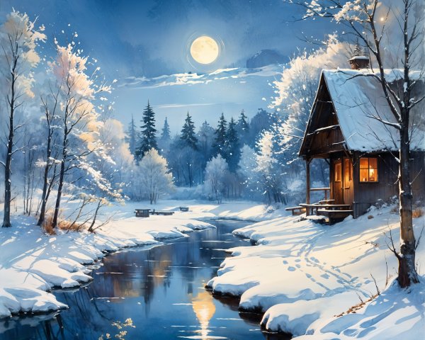 Cozy Cabin in Serene Winter Landscape at Night