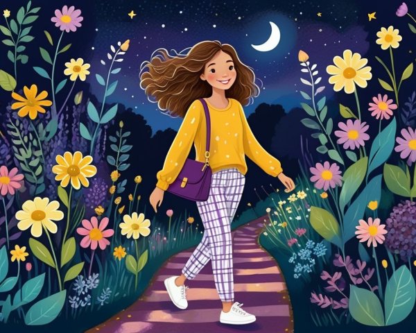 Cheerful girl on a winding path with vibrant flowers