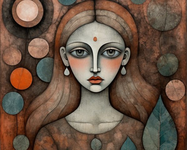 Stylized Woman with Abstract Leaves and Circles
