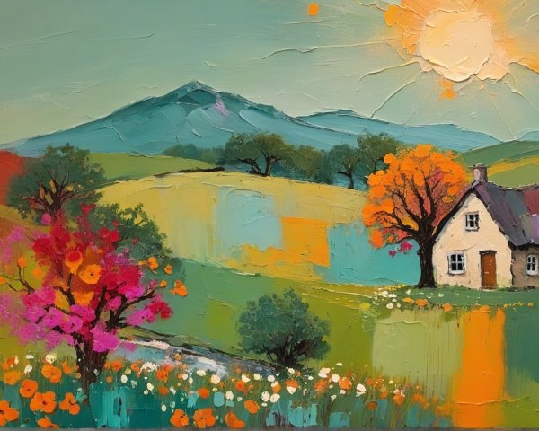 Vibrant Landscape with Cottage and Colorful Fields
