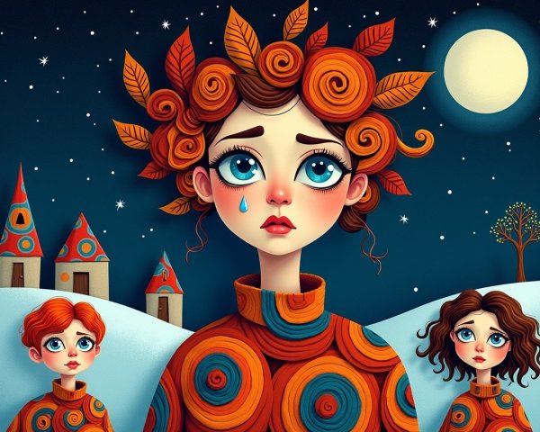 Young girl in winter landscape with autumn leaves