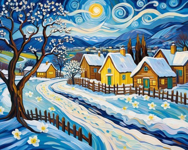 Vibrant Winter Landscape with Cozy Cottages and Mountains