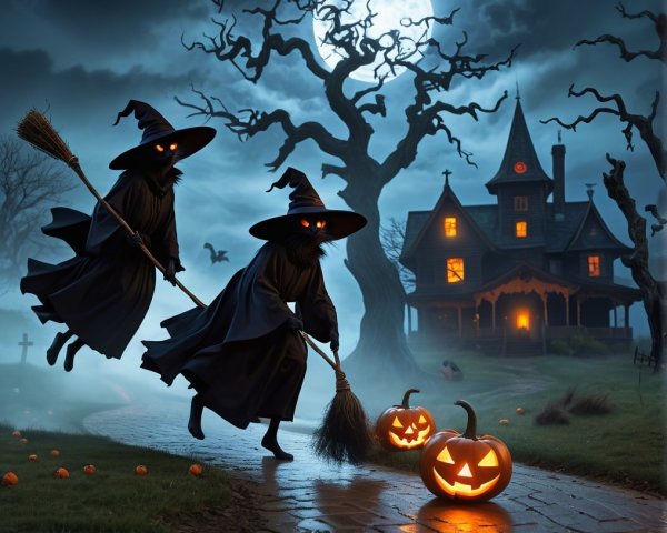 Witches on Broomsticks in a Spooky Halloween Scene