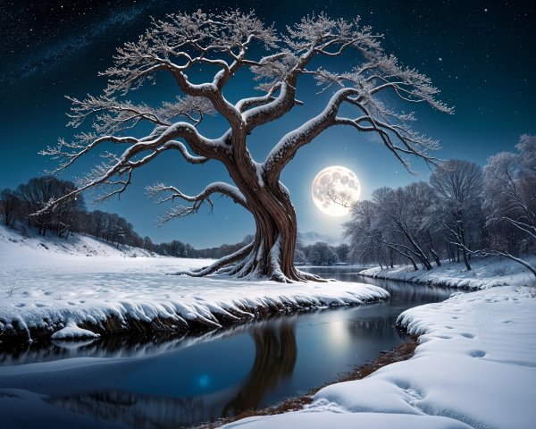 Leafless tree by snow-covered river under full moon