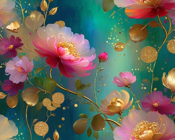 Vibrant Floral Design with Golden Accents on Teal