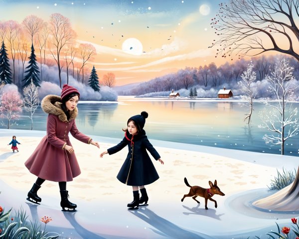 Winter Landscape with Girls Ice Skating on a Lake