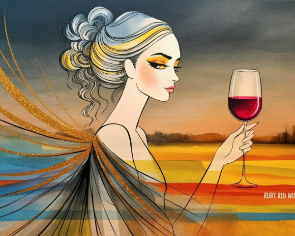 Elegant woman with ruby red wine in serene setting
