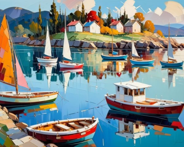Serene Harbor Scene with Colorful Boats and Autumn Trees