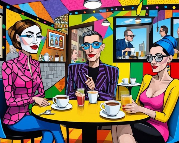 Vibrant Pop-Art Café Scene with Stylish Characters