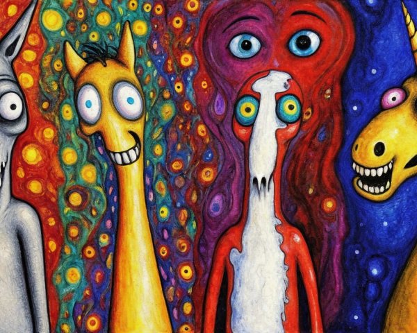 Whimsical Creatures in a Colorful Psychedelic Scene