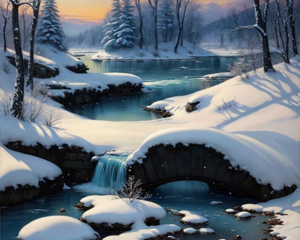 Serene winter landscape with river and snowy terrain