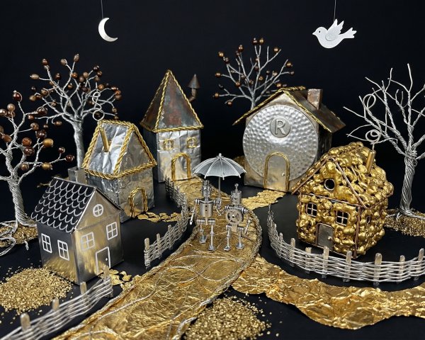 Miniature Metallic Fairy Tale Town with Robots and Trees
