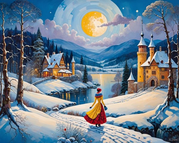 Serene Winter Landscape with Moonlit River and Castle