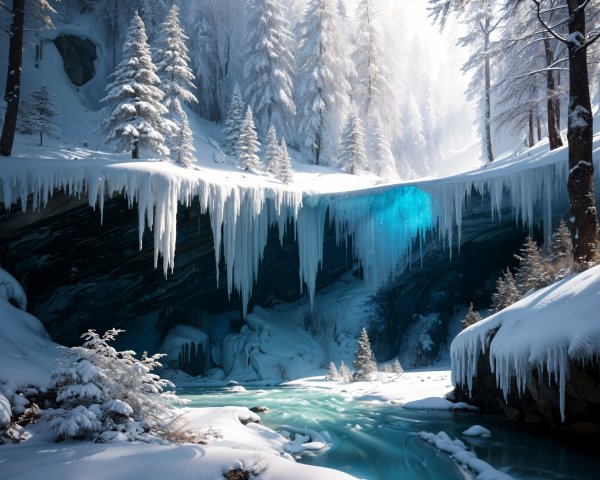Serene Winter Landscape with Cave and Turquoise River
