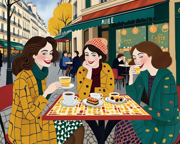 Stylish Women at a Cozy Parisian Café Setting