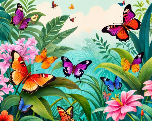 Colorful Butterflies Among Lush Green Foliage and Flowers