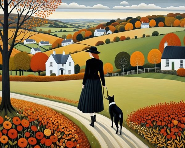 Woman in Black Dress Walking Dog in Autumn Landscape