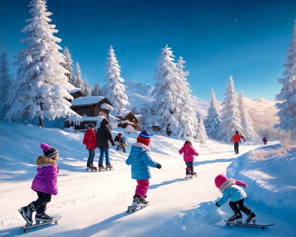 Winter Scene with Ice Skating Children and Cabins