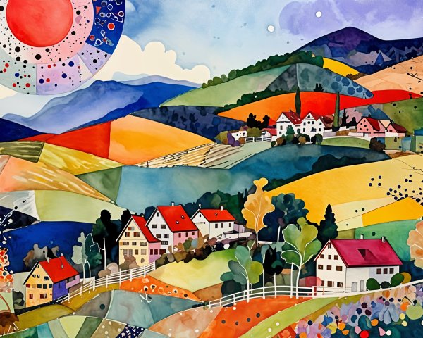 Vibrant Landscape with Rolling Hills and Charming Houses