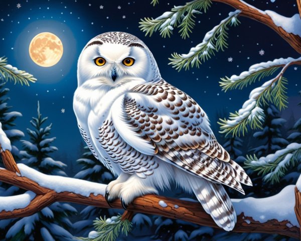 Snowy Owl in Winter Landscape with Moonlight