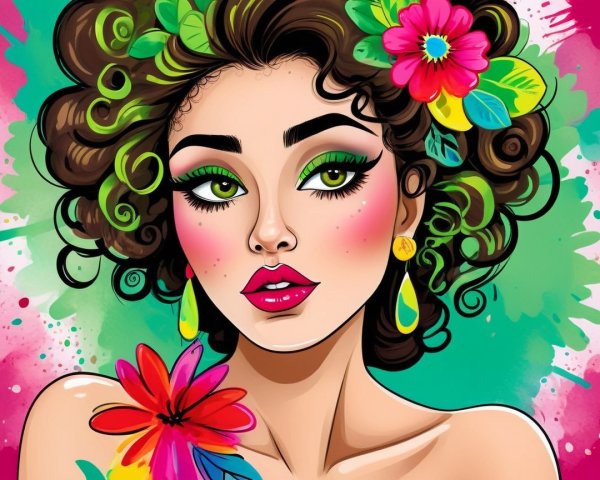 Vibrant Illustration of a Young Woman with Flowers