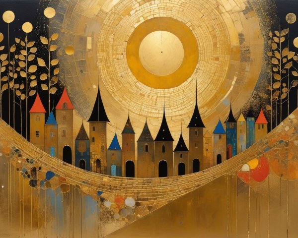 Whimsical Oil Painting of Colorful Homes on Golden Landscape