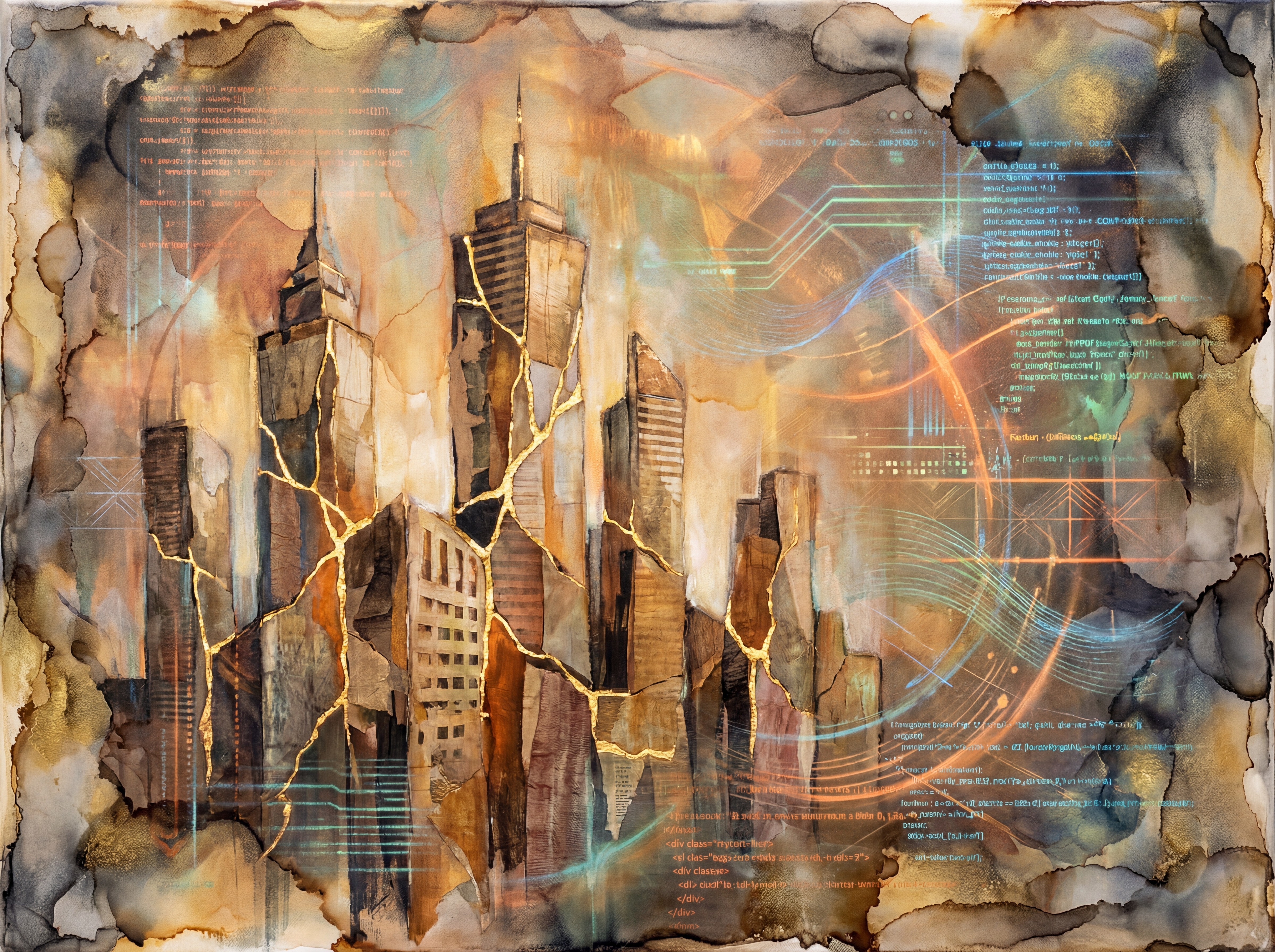 Abstract Watercolor Cityscape with Golden Accents