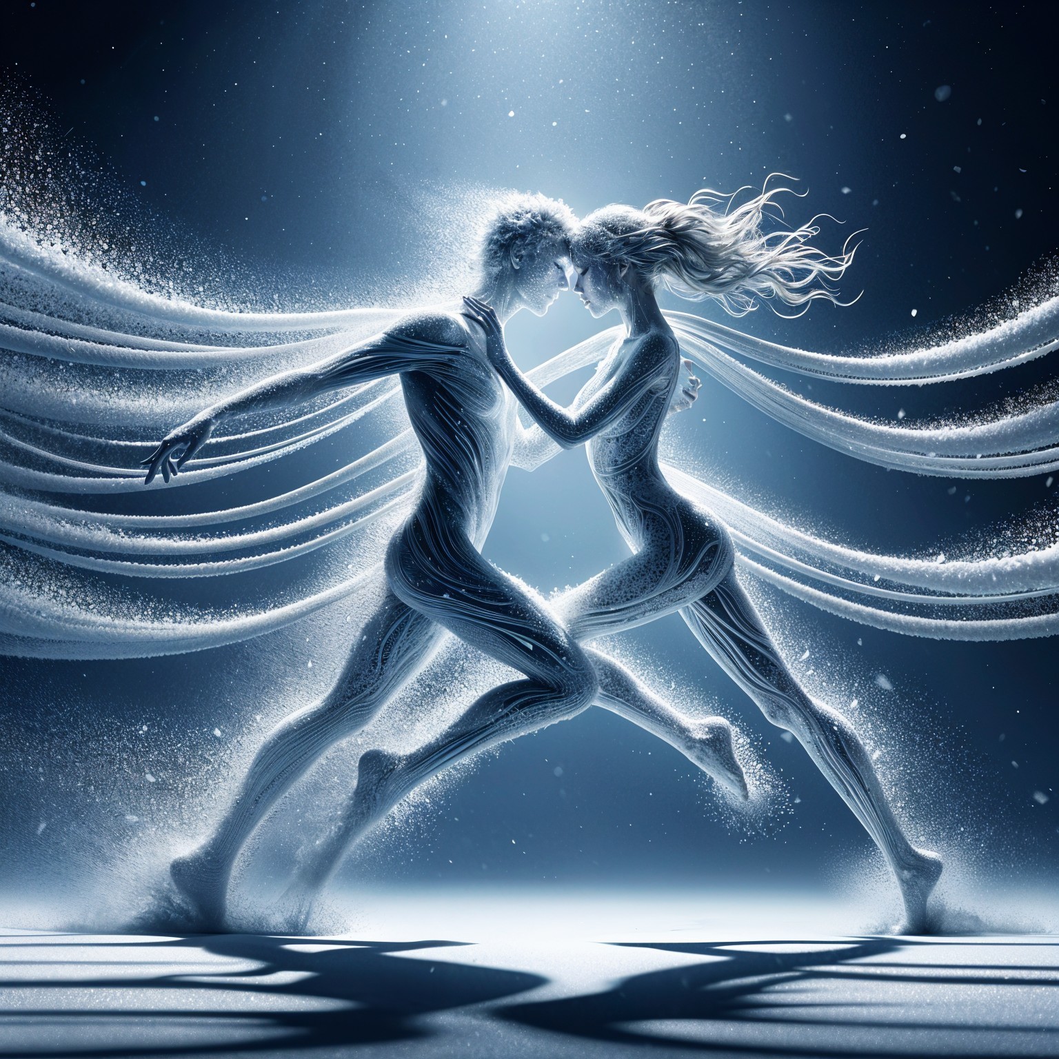 Dynamic Figures Intertwined with Ethereal Light Ribbons