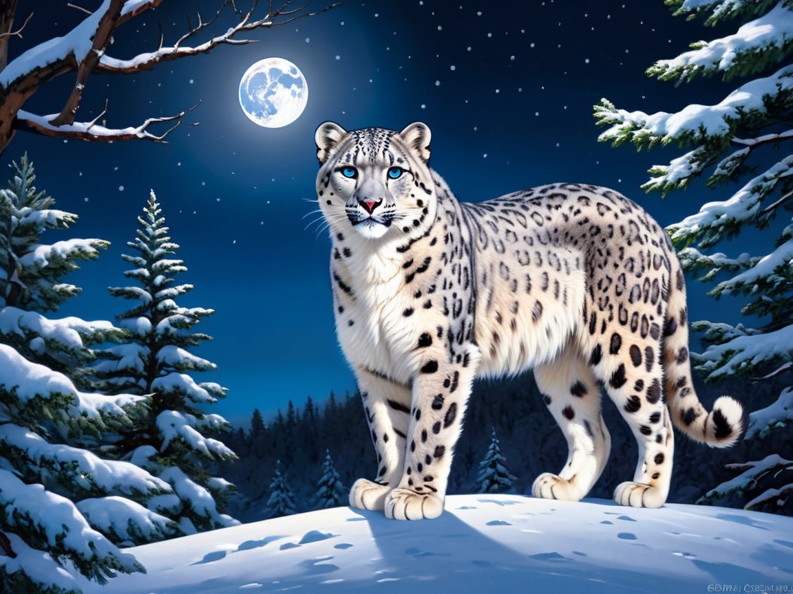 Snow Leopard on Snowy Hill Under Moonlight