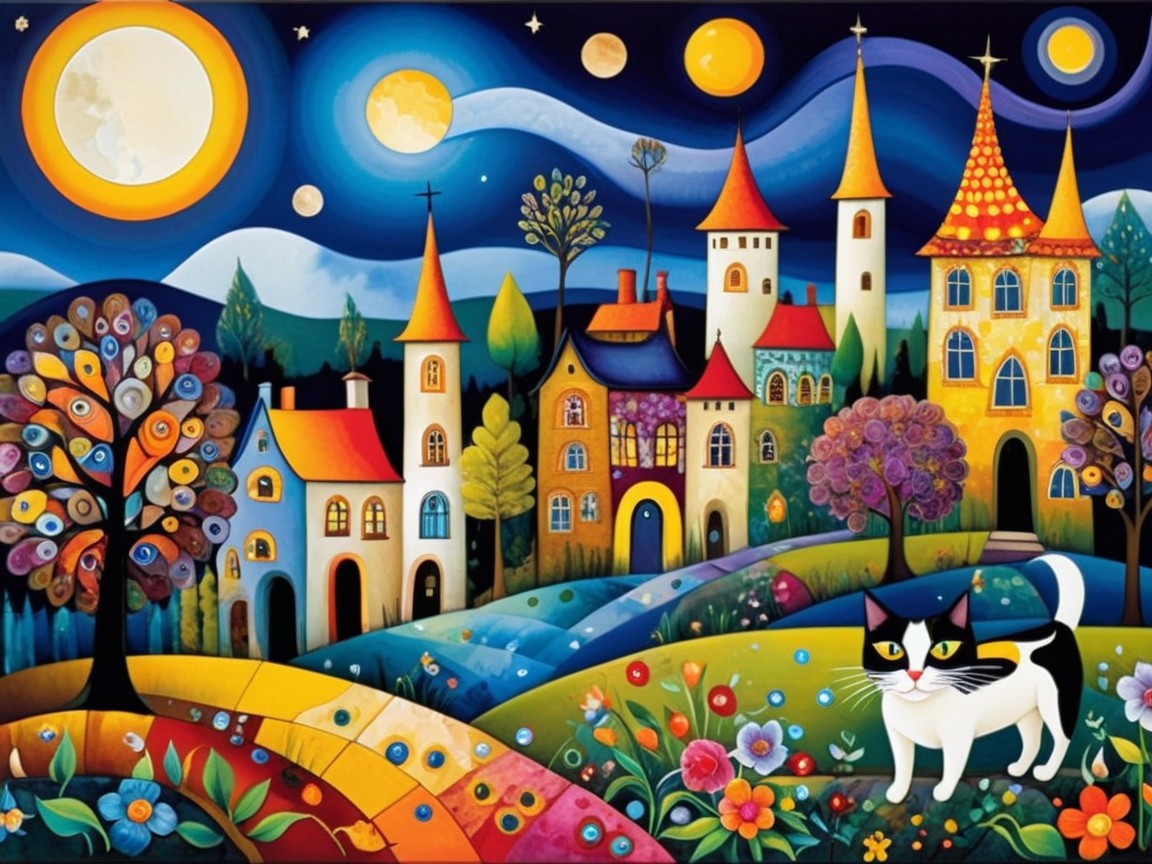 Whimsical Village Landscape with Cat and Night Sky