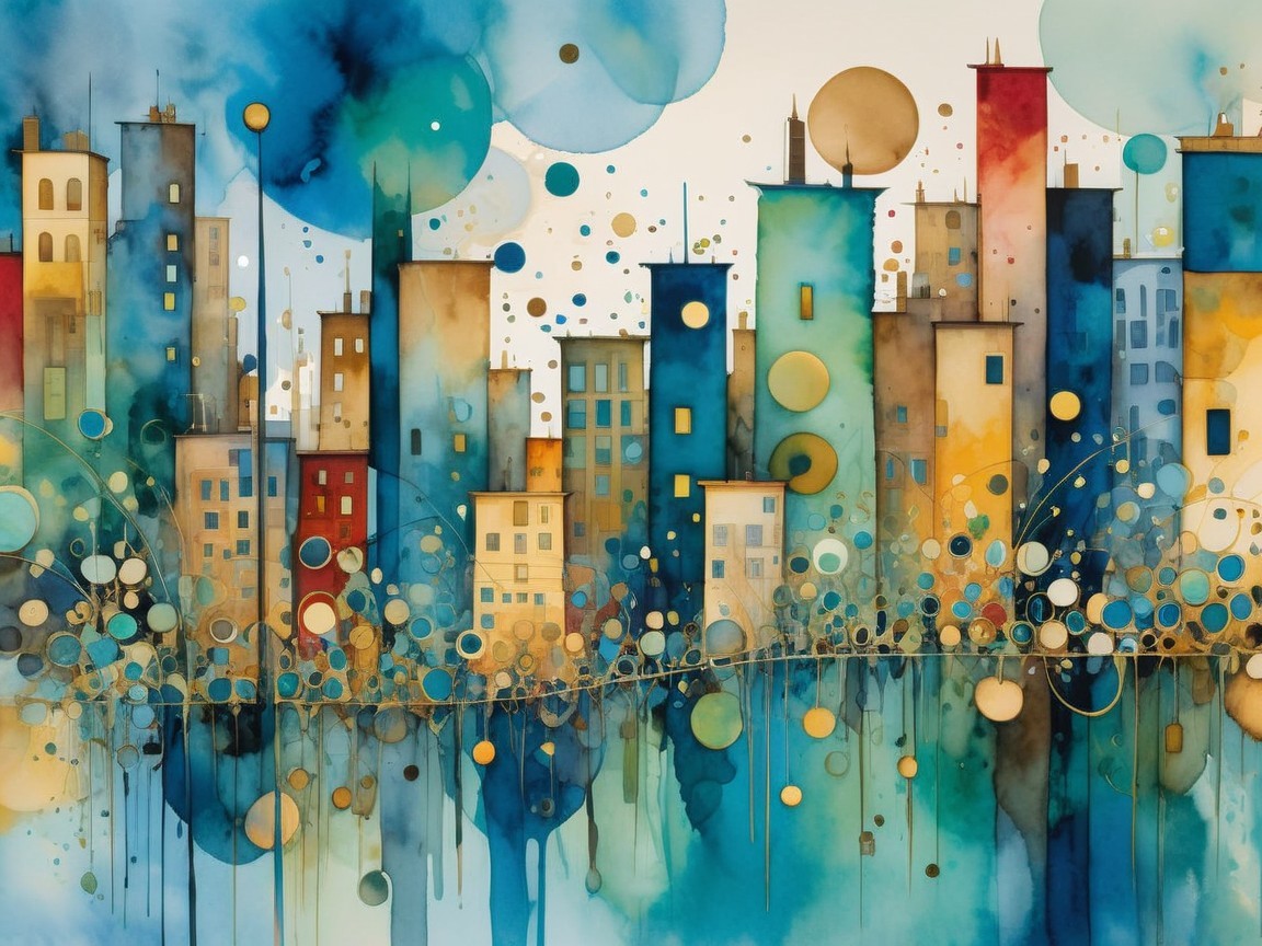 Vibrant Cityscape Watercolor with Colorful Buildings