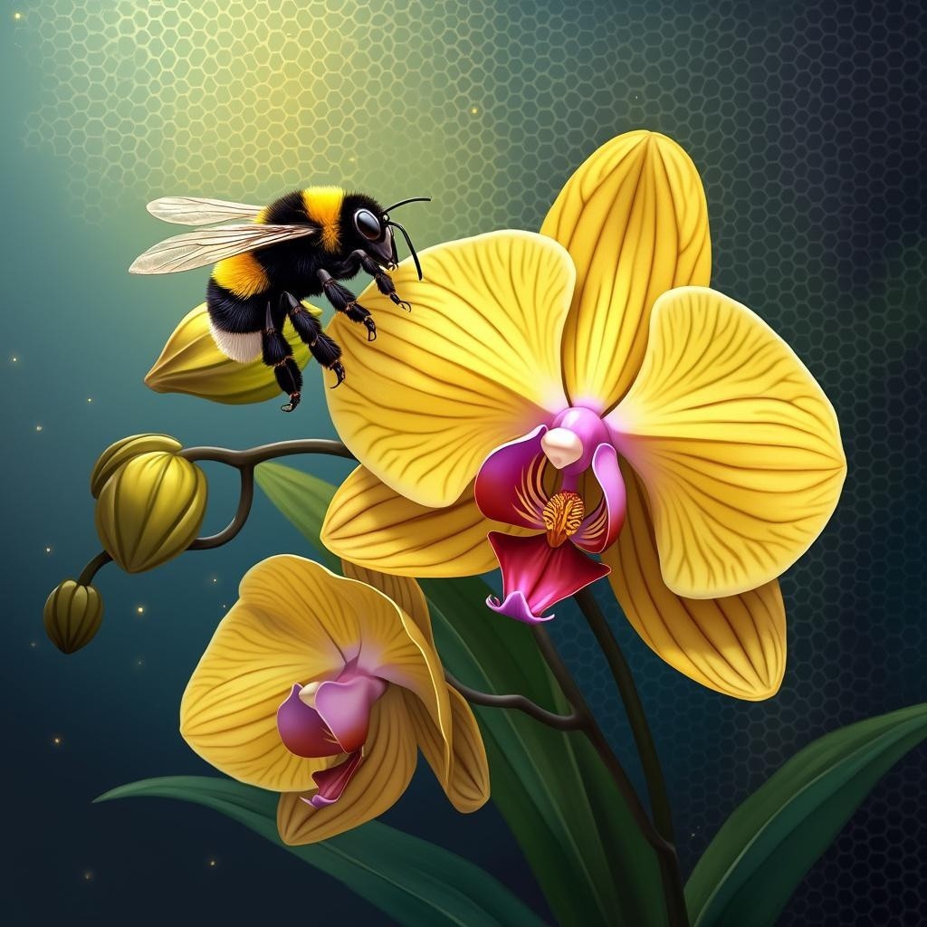 Bumblebee on Vibrant Yellow Orchid Illustration