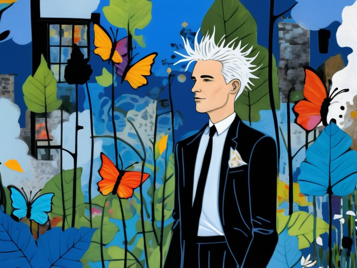 Stylish figure in black suit with butterflies and leaves