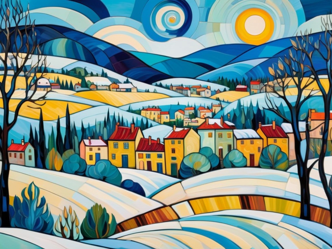 Stylized winter landscape with vibrant village scene