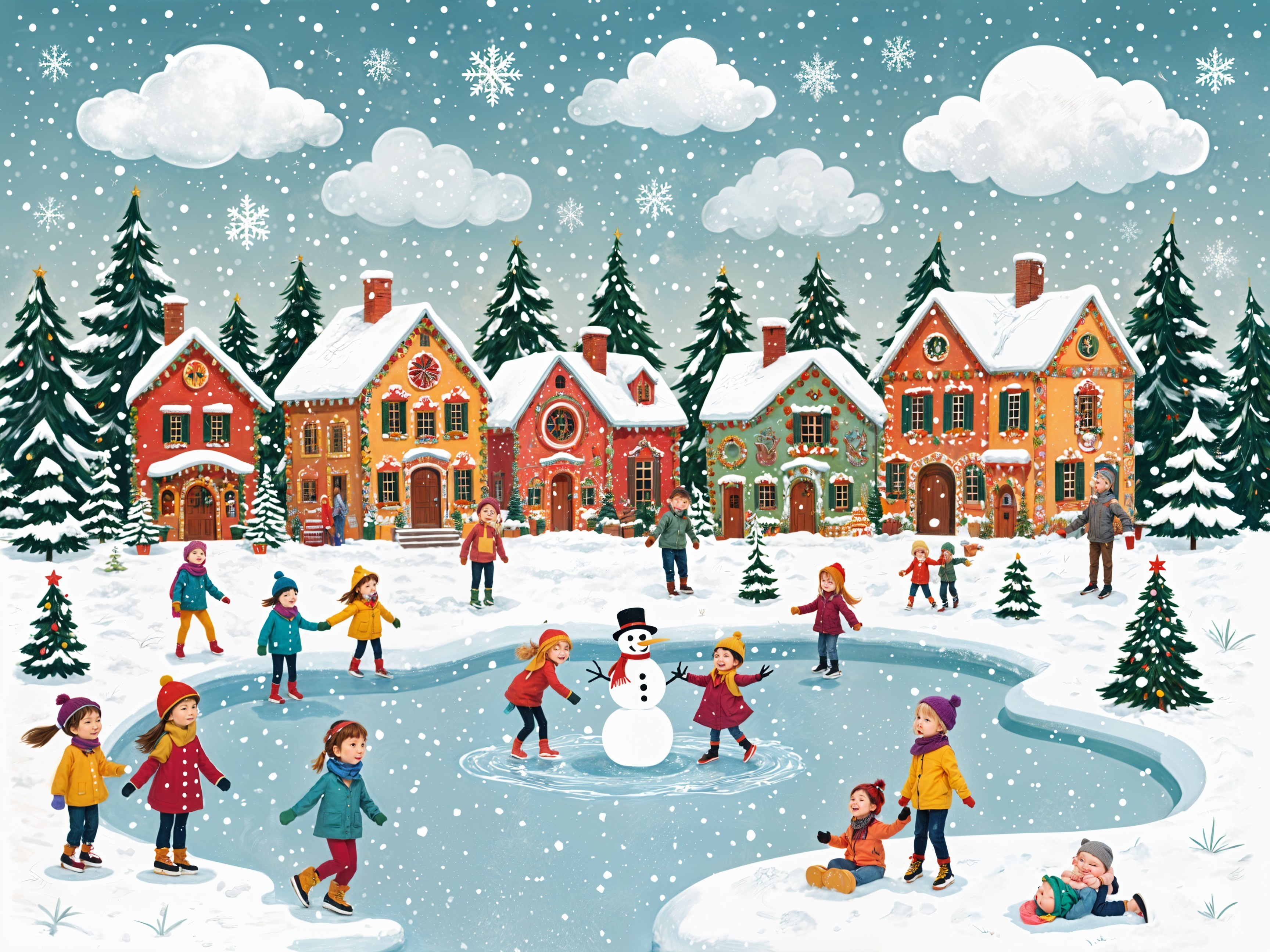 Colorful Winter Scene with Skating and Snow Activities