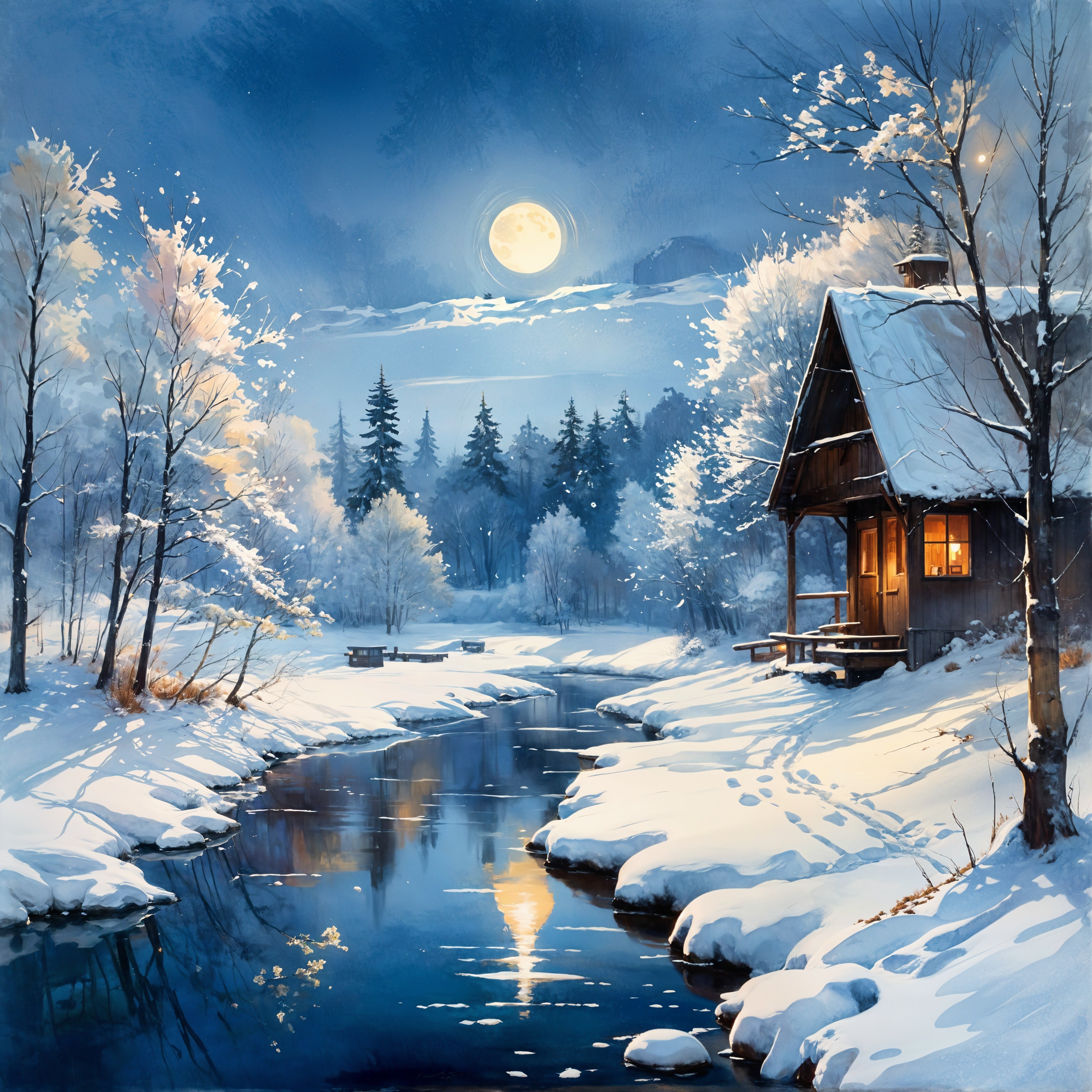 Cozy Cabin in Serene Winter Landscape at Night